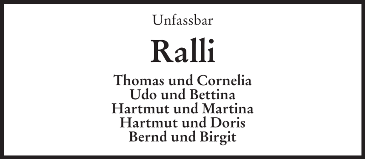 <p>Unfassbar</p><p>Ralli<br />Thomas und Cornelia<br />Udo und Bettina<br />Hartmut und Martina<br />Hartmut und Doris<br />Bernd und Birgit</p>