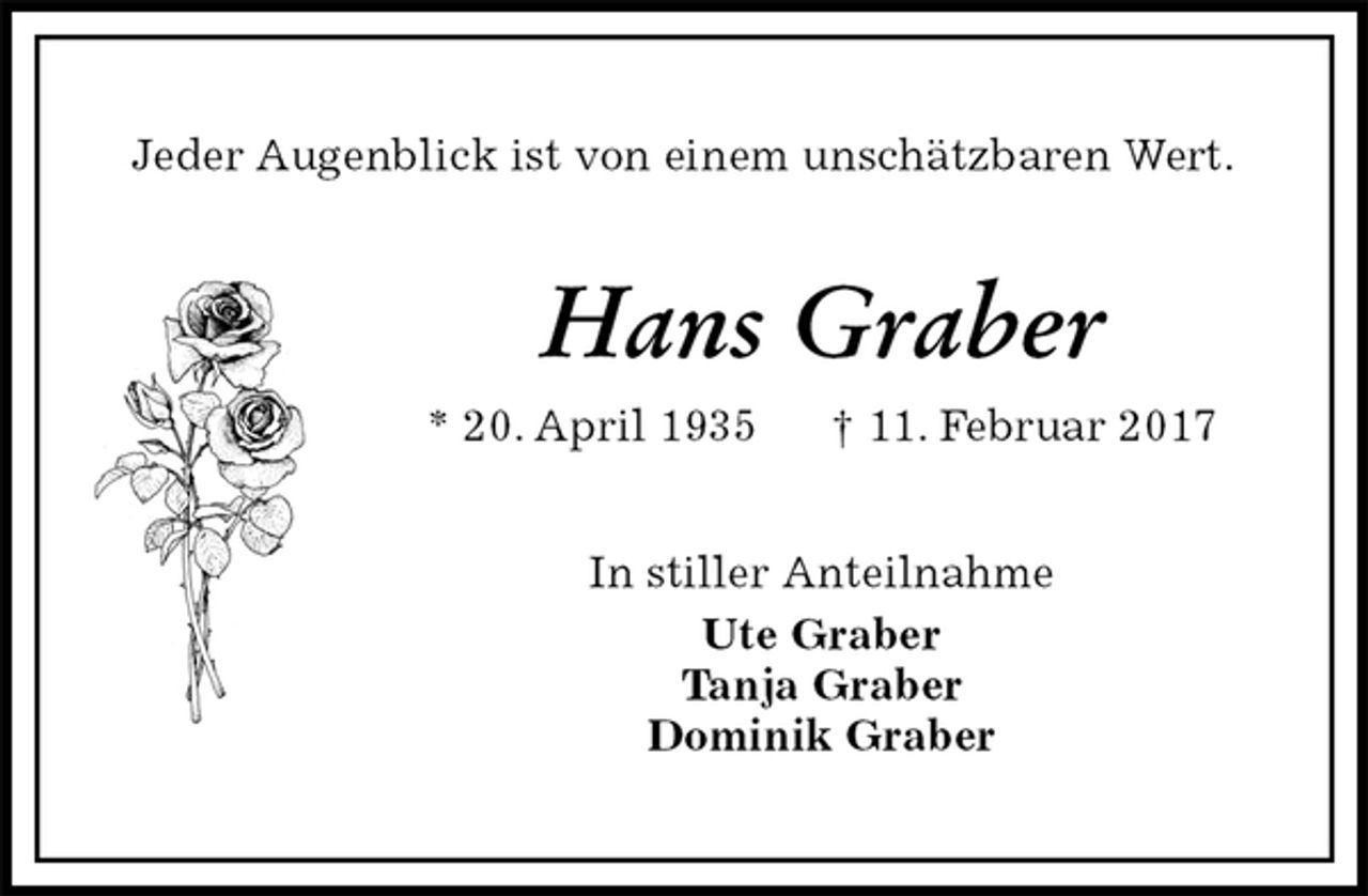 <p>Jeder Augenblick ist von einem unschätzbaren Wert.<br />Hans Graber<br />* 20. April 1935 † 11. Februar 2017<br />In stiller Anteilnahme<br />Ute Graber<br />Tanja Graber<br />Dominik Graber</p>