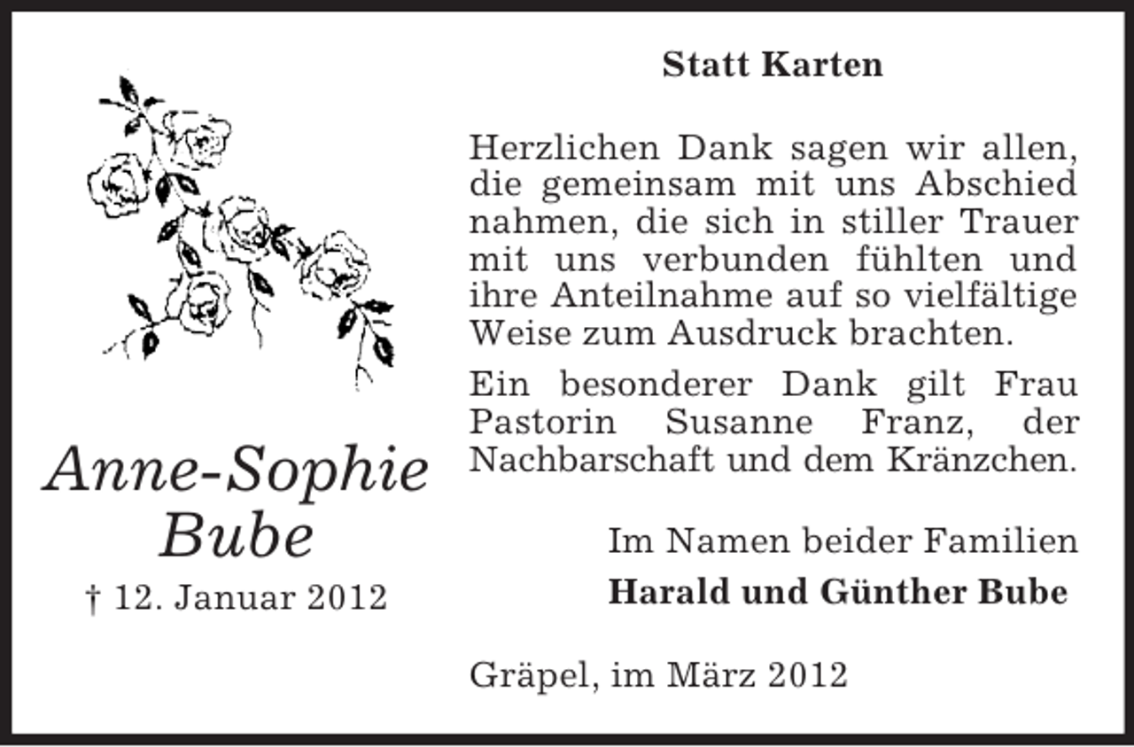 <p>Statt Karten</p>
<p>Anne-Sophie<br />Bube<br />† 12. Januar 2012</p>
<p>Herzlichen Dank sagen wir allen,<br />die gemeinsam mit uns Abschied<br />nahmen, die sich in stiller Trauer<br />mit uns verbunden fühlten und<br />ihre Anteilnahme auf so vielfältige<br />Weise zum Ausdruck brachten.<br />Ein besonderer Dank gilt Frau<br />Pastorin Susanne Franz, der<br />Nachbarschaft und dem Kränzchen.<br />Im Namen beider Familien<br />Harald und Günther Bube<br />Gräpel, im März 2012</p>