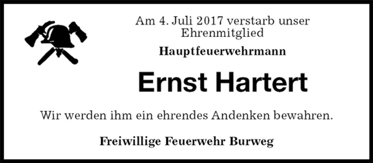 <p>Am 4. Juli 2017 verstarb unser<br />Ehrenmitglied<br />Hauptfeuerwehrmann<br />Ernst Hartert<br />Wir werden ihm ein ehrendes Andenken bewahren.<br />Freiwillige Feuerwehr Burweg</p>