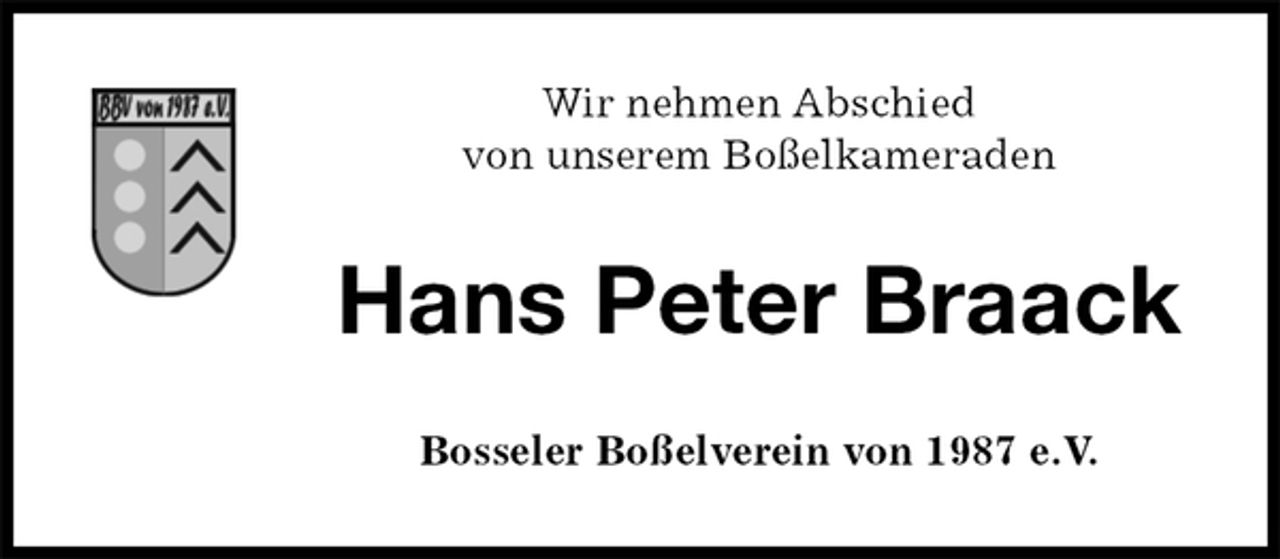<p>Wir nehmen Abschied<br />von unserem Boßelkameraden<br />Hans Peter Braack<br />Bosseler Boßelverein von 1987 e.V.</p>