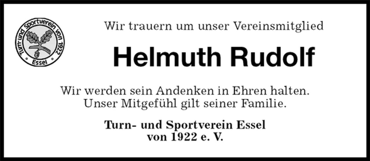 <p>Wir trauern um unser Vereinsmitglied<br />Helmuth Rudolf<br />Wir werden sein Andenken in Ehren halten.<br />Unser Mitgefühl gilt seiner Familie.<br />Turn- und Sportverein Essel<br />von 1922 e. V.</p>