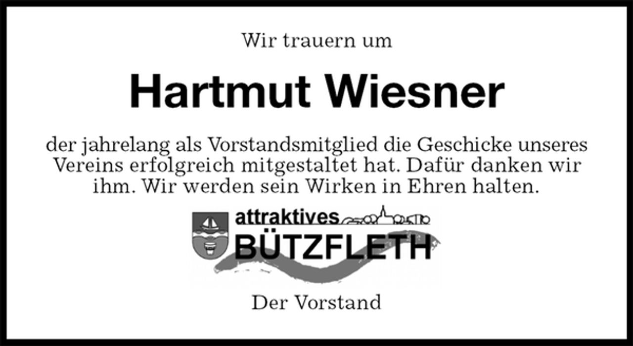 <p>Wir trauern um<br />Hartmut Wiesner<br />der jahrelang als Vorstandsmitglied die Geschicke unseres Vereins erfolgreich mitgestaltet hat. Dafür danken wir ihm. Wir werden sein Wirken in Ehren halten.<br />Der Vorstand</p>