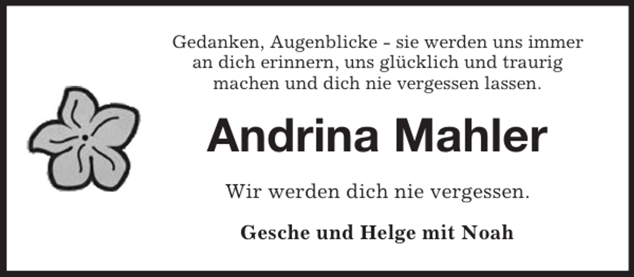 <p>Gedanken, Augenblicke - sie werden uns immer<br />an dich erinnern, uns glücklich und traurig<br />machen und dich nie vergessen lassen.</p>
<p>Andrina Mahler<br />Wir werden dich nie vergessen.<br />Gesche und Helge mit Noah</p>