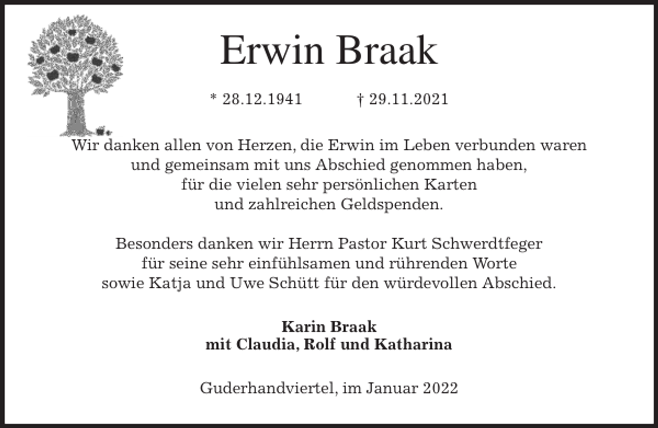 <p>Erwin Braak</p>
<p>* 28.12.1941 † 29.11.2021<br />Wir danken allen von Herzen, die Erwin im Leben verbunden waren<br />und gemeinsam mit uns Abschied genommen haben,<br />für die vielen sehr persönlichen Karten<br />und zahlreichen Geldspenden.</p>
<p>Besonders danken wir Herrn Pastor Kurt Schwerdtfeger<br />für seine sehr einfühlsamen und rührenden Worte<br />sowie Katja und Uwe Schütt für den würdevollen Abschied.<br />Karin Braak<br />mit Claudia, Rolf und Katharina<br />Guderhandviertel, im Januar 2022</p>