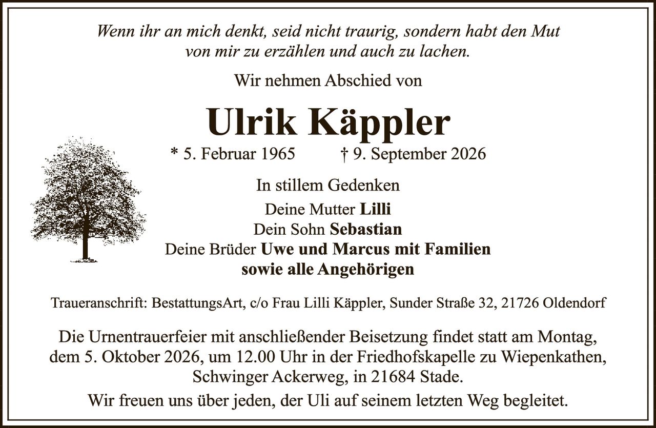 Ulrik Käppler | Nach Familienanzeigen suchen - Alle Trauerfälle