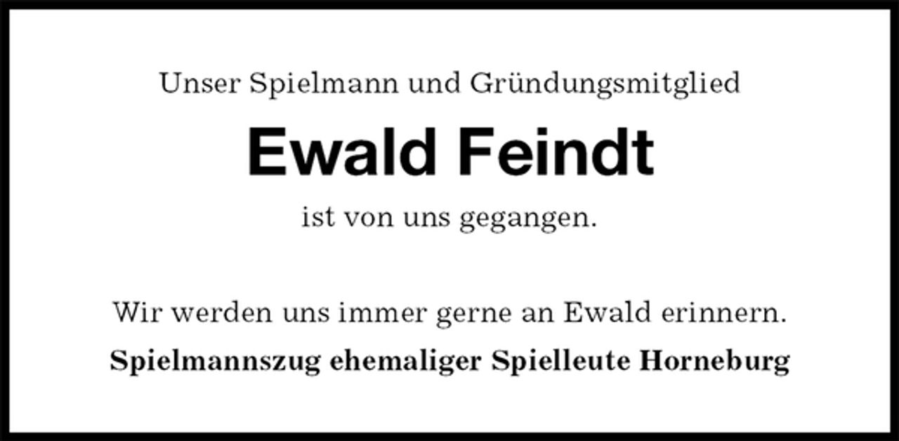 <p>Unser Spielmann und Gründungsmitglied<br />Ewald Feindt<br />ist von uns gegangen.<br />Wir werden uns immer gerne an Ewald erinnern.<br />Spielmannszug ehemaliger Spielleute Horneburg</p>