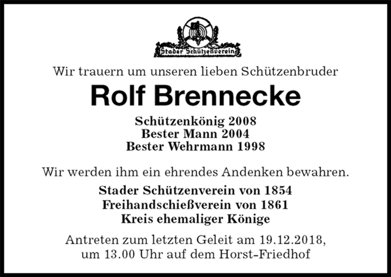 <p>Wir trauern um unseren lieben Schützenbruder<br />Rolf Brennecke<br />Stader Schützenverein von 1854<br />Freihandschießverein von 1861<br />Kreis ehemaliger Könige<br />Antreten zum letzten Geleit am 19.12.2018,<br />um 13.00 Uhr auf dem Horst-Friedhof<br />Schützenkönig 2008<br />Bester Mann 2004<br />Bester Wehrmann 1998</p><p>Wir werden ihm ein ehrendes Andenken bewahren.</p>