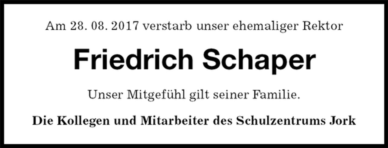 <p>Am 28. 08. 2017 verstarb unser ehemaliger Rektor<br />Friedrich Schaper<br />Unser Mitgefühl gilt seiner Familie.<br />Die Kollegen und Mitarbeiter des Schulzentrums Jork</p>