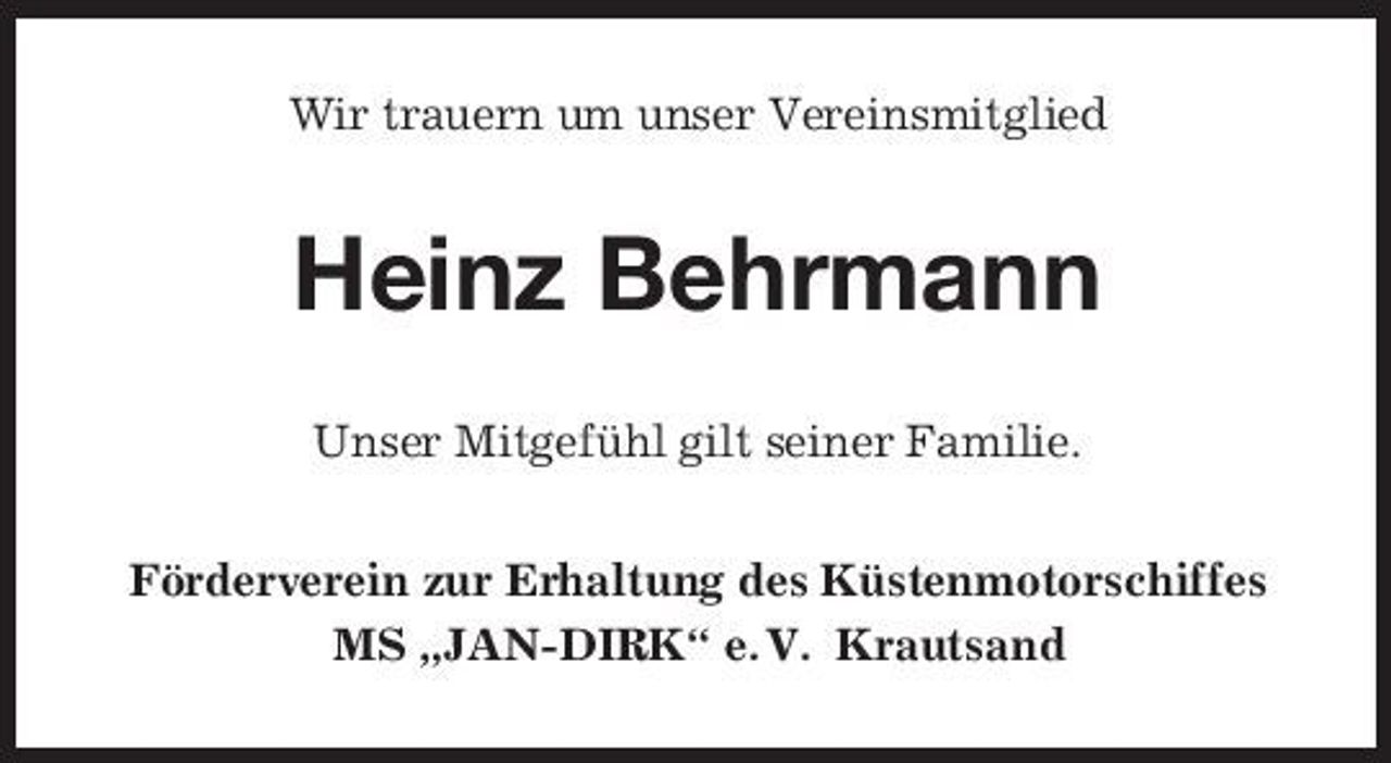 <p>Wir trauern um unser Vereinsmitglied</p><p>Heinz Behrmann<br />Unser Mitgefühl gilt seiner Familie. Förderverein zur Erhaltung des Küstenmotorschiffes MS „JAN-DIRK“ e. V. Krautsand</p>