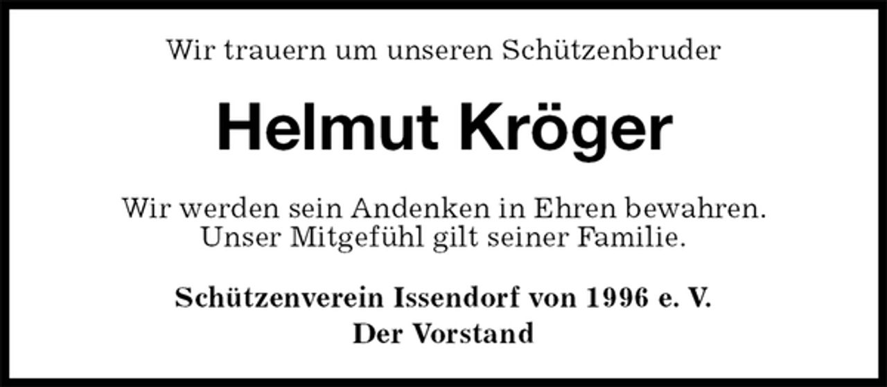 <p>Wir trauern um unseren Schützenbruder<br />Helmut Kröger<br />Schützenverein Issendorf von 1996 e. V.<br />Der Vorstand<br />Wir werden sein Andenken in Ehren bewahren.<br />Unser Mitgefühl gilt seiner Familie.</p>