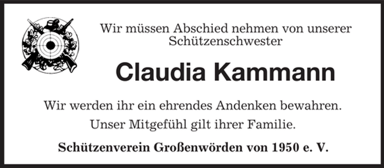 <p>Wir müssen Abschied nehmen von unserer Schützenschwester</p><p>Claudia Kammann<br />Wir werden ihr ein ehrendes Andenken bewahren. Unser Mitgefühl gilt ihrer Familie. Schützenverein Großenwörden von 1950 e. V.</p>