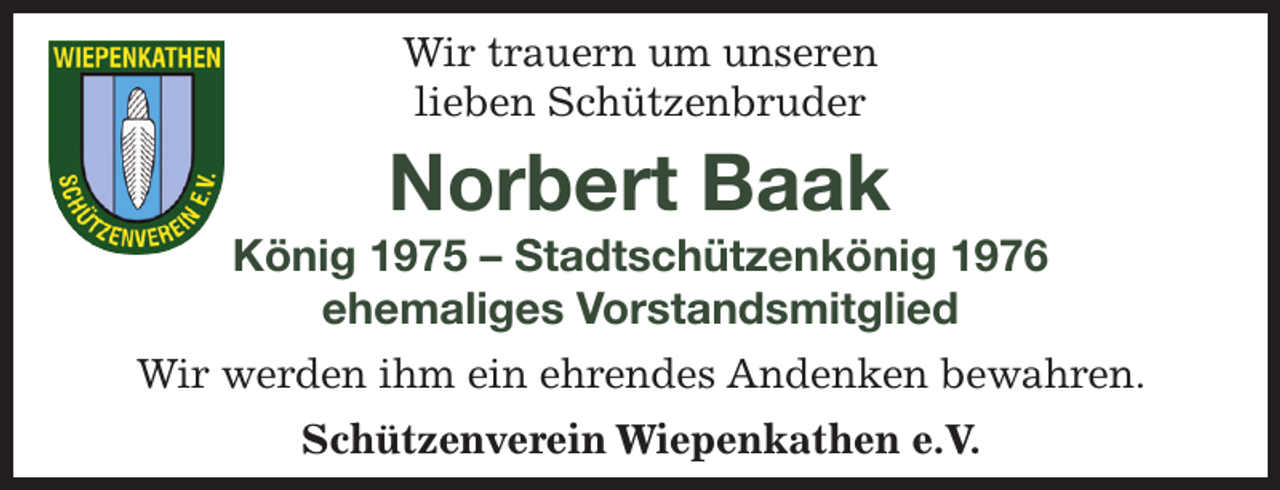 <p>Wir trauern um unsere liebe Schützenschwester<br />Elke Schülke<br />Beste Dame 1982<br />Wir werden ihr ein ehrendes Andenken bewahren.<br />Schützenverein Wiepenkathen e. V.</p>