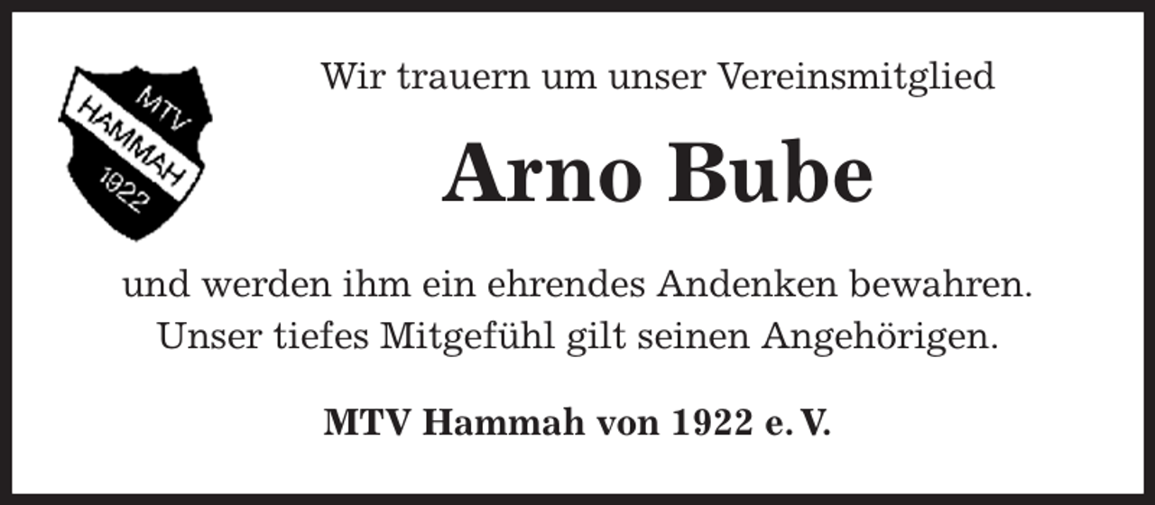 <p>Wir trauern um unser Vereinsmitglied<br />Arno Bube<br />MTV Hammah von 1922 e. V.<br />und werden ihm ein ehrendes Andenken bewahren.<br />Unser tiefes Mitgefühl gilt seinen Angehörigen.</p>