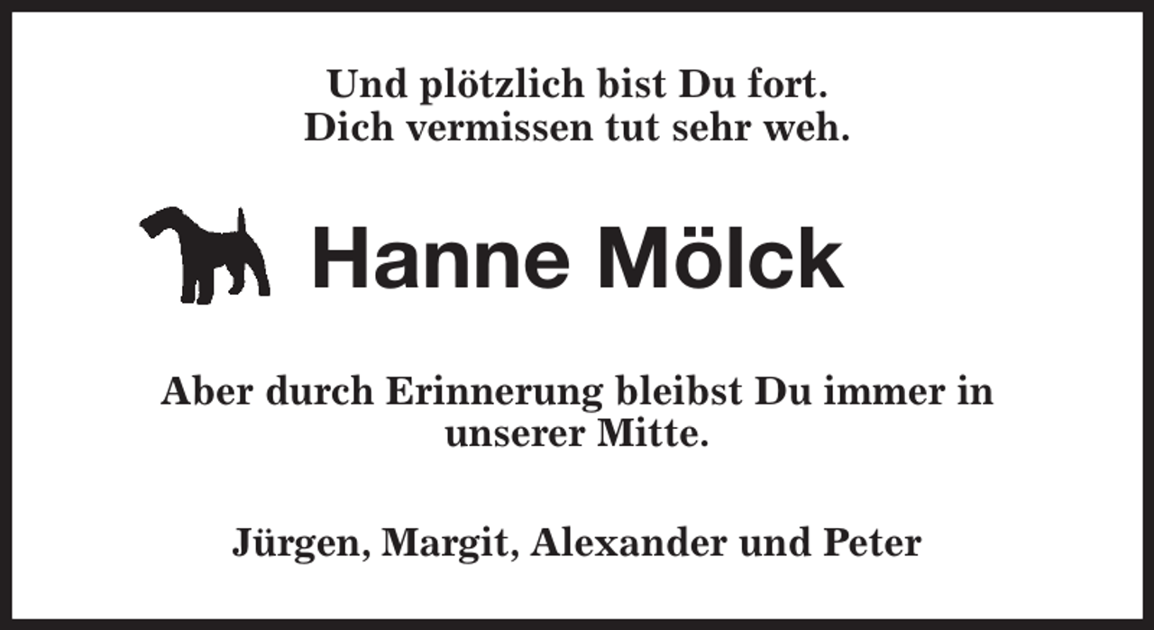 <p>Und plötzlich bist Du fort.<br />Dich vermissen tut sehr weh.<br />Hanne Mölck<br />Aber durch Erinnerung bleibst Du immer in<br />unserer Mitte.<br />Jürgen, Margit, Alexander und Peter</p>