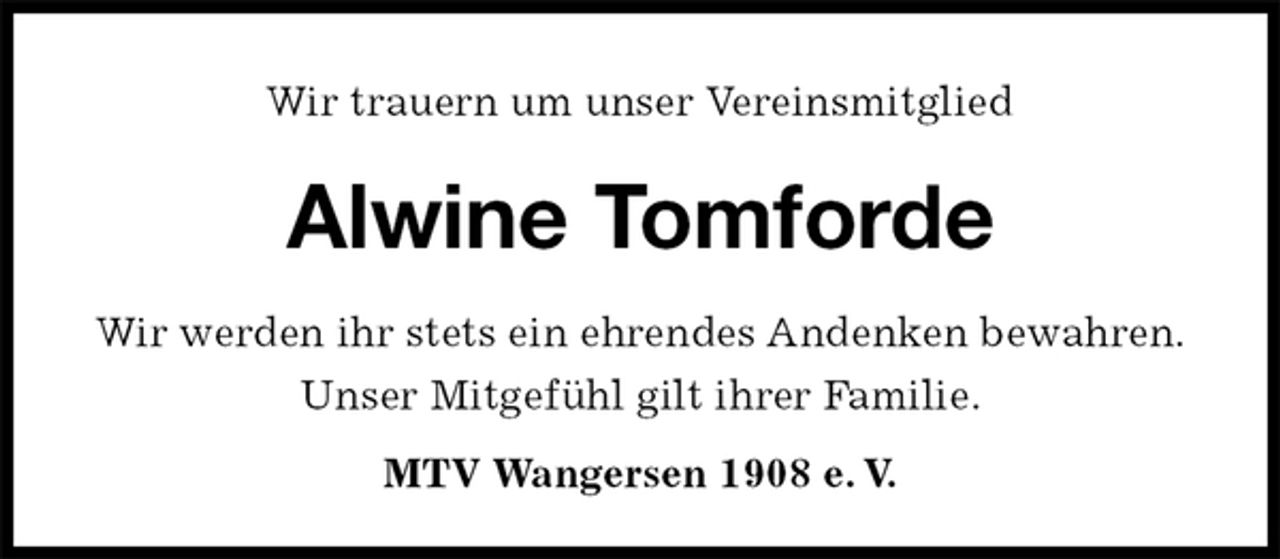 <p>Wir trauern um unser Vereinsmitglied<br />Alwine Tomforde</p>
<p>MTV Wangersen 1908 e. V.<br />Wir werden ihr stets ein ehrendes Andenken bewahren.<br />Unser Mitgefühl gilt ihrer Familie.</p>