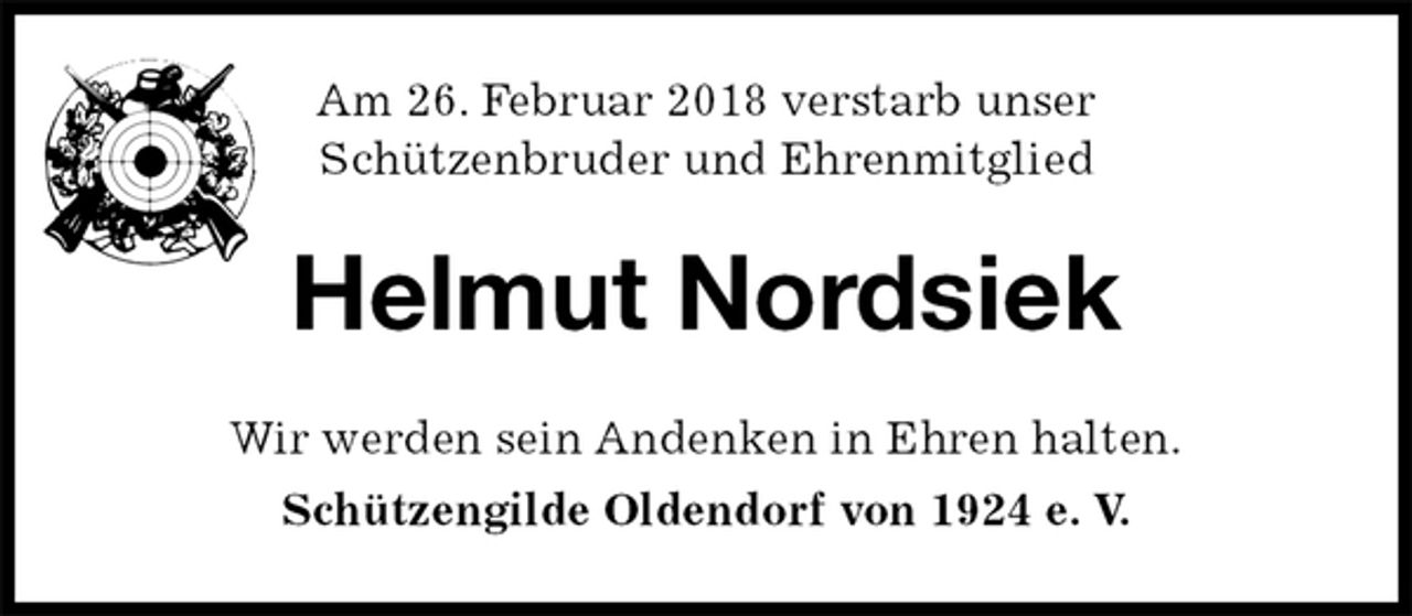 <p>Am 26. Februar 2018 verstarb unser<br />Schützenbruder und Ehrenmitglied<br />Helmut Nordsiek<br />Wir werden sein Andenken in Ehren halten.<br />Schützengilde Oldendorf von 1924 e. V.</p>