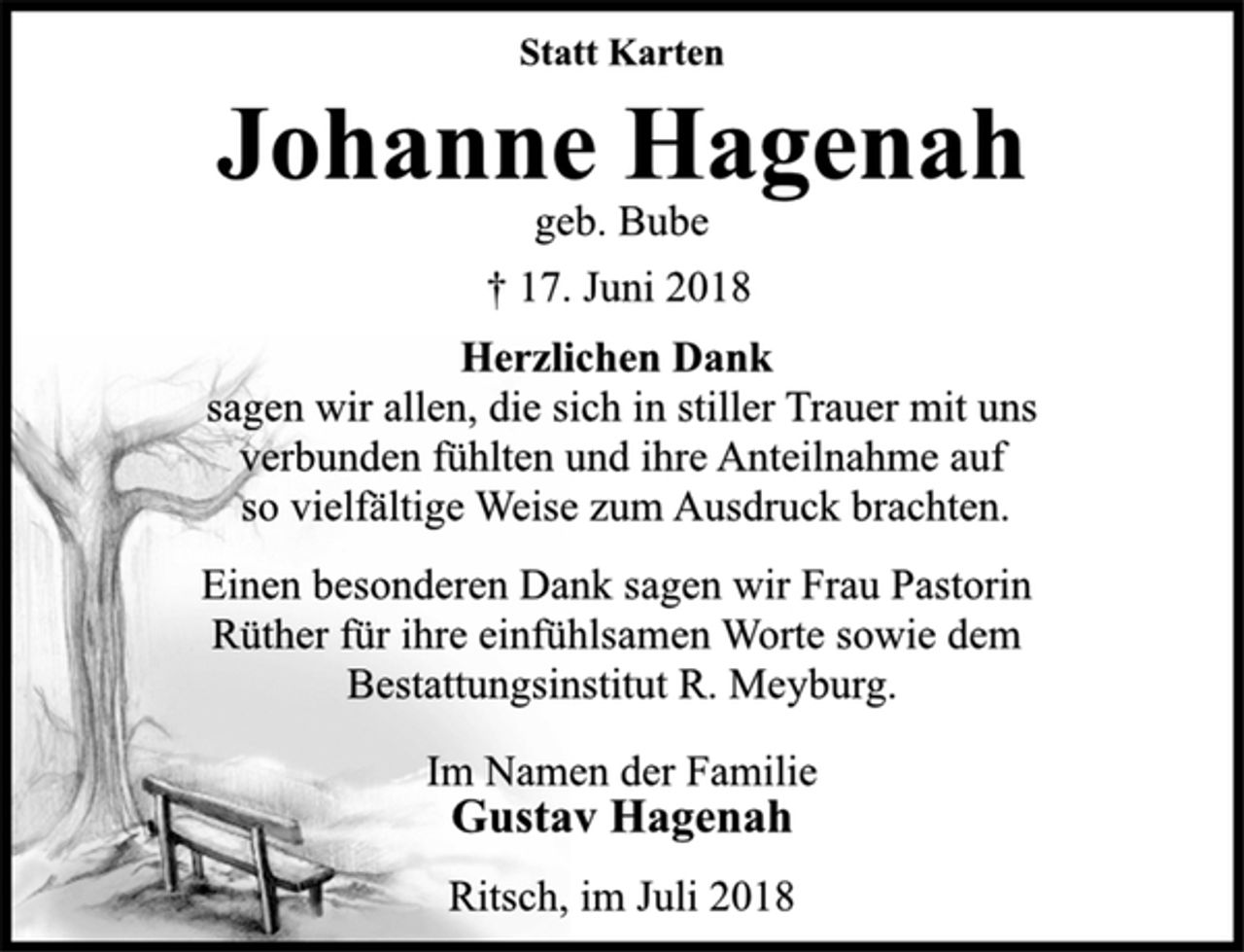 <p>Statt Karten<br />Johanne Hagenah<br />geb. Bube<br />† 17. Juni 2018<br />Herzlichen Dank<br />sagen wir allen, die sich in stiller Trauer mit uns<br />verbunden fühlten und ihre Anteilnahme auf<br />so vielfältige Weise zum Ausdruck brachten.<br />Einen besonderen Dank sagen wir Frau Pastorin<br />Rüther für ihre einfühlsamen Worte sowie dem<br />Bestattungsinstitut R. Meyburg.<br />Im Namen der Familie<br />Gustav Hagenah<br />Ritsch, im Juli 2018</p>