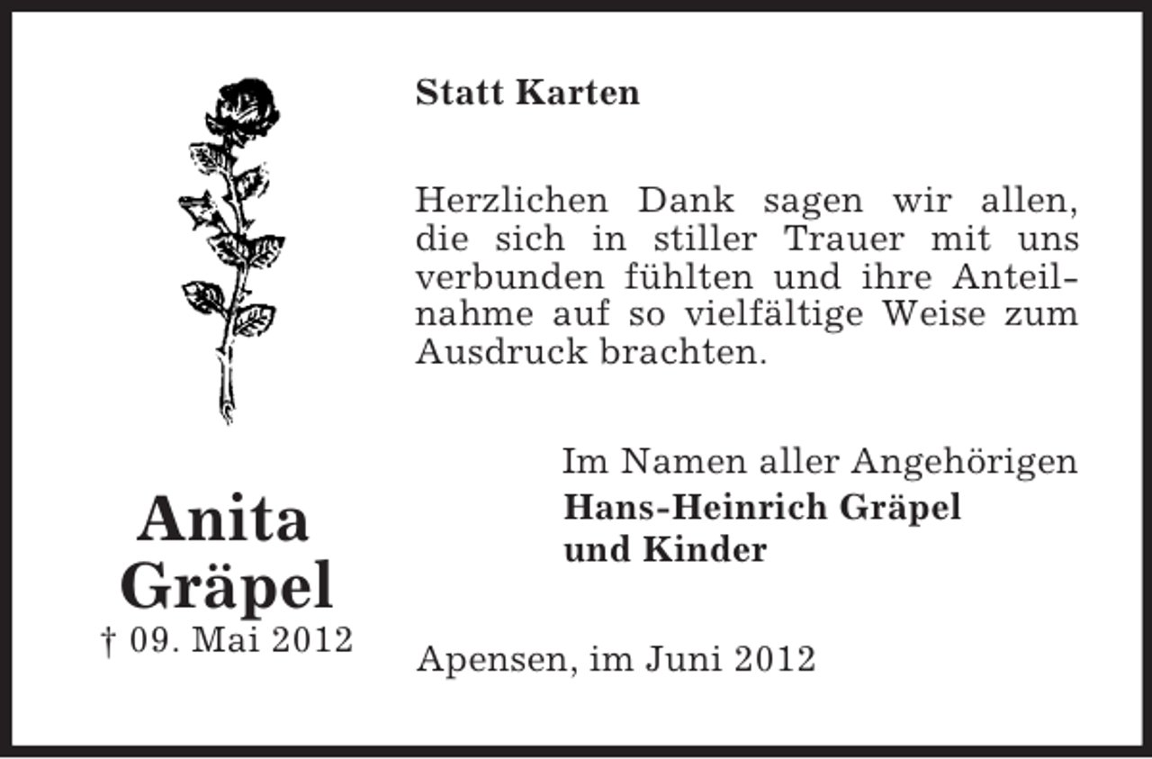 <p>Statt Karten<br />Herzlichen Dank sagen wir allen,<br />die sich in stiller Trauer mit uns<br />verbunden fühlten und ihre Anteilnahme auf so vielfältige Weise zum<br />Ausdruck brachten.</p><p>Anita<br />Gräpel<br />† 09. Mai 2012</p><p>Im Namen aller Angehörigen<br />Hans-Heinrich Gräpel<br />und Kinder<br />Apensen, im Juni 2012</p>