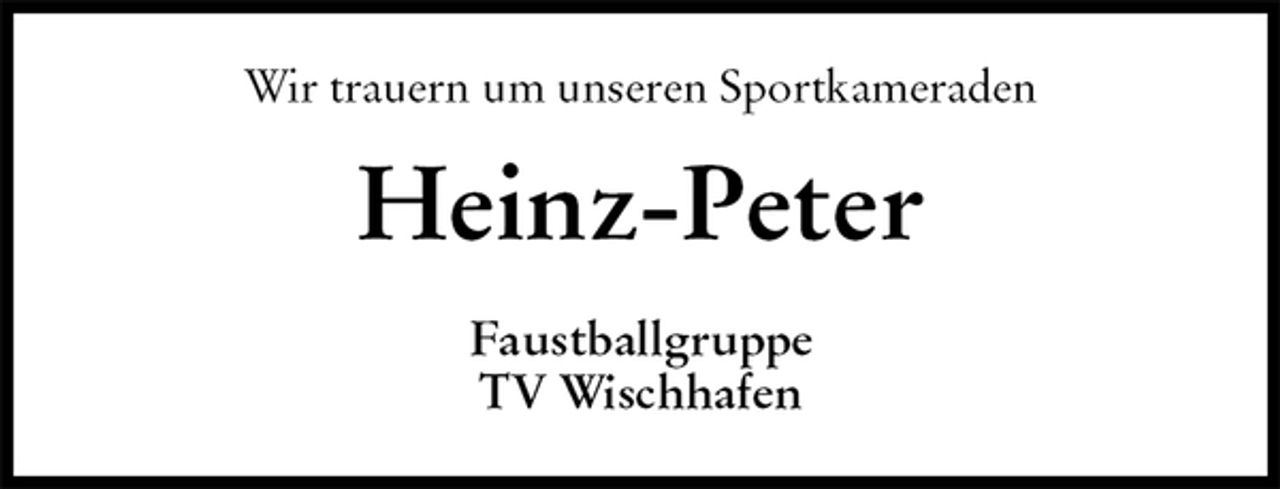 <p>Wir trauern um unseren Sportkameraden<br />Heinz-Peter<br />Faustballgruppe<br />TV Wischhafen</p>