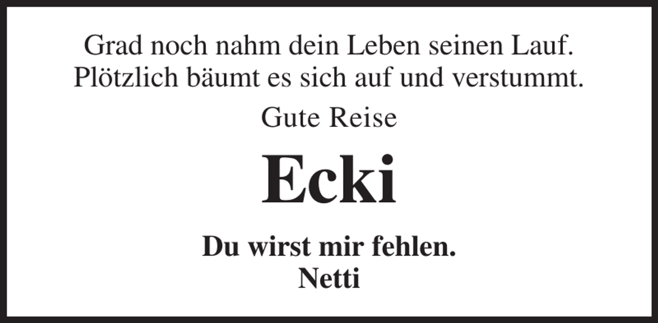 <p>Grad noch nahm dein Leben seinen Lauf.<br />Plötzlich bäumt es sich auf und verstummt.<br />Gute Reise<br />Ecki<br />Du wirst mir fehlen.<br />Netti</p>