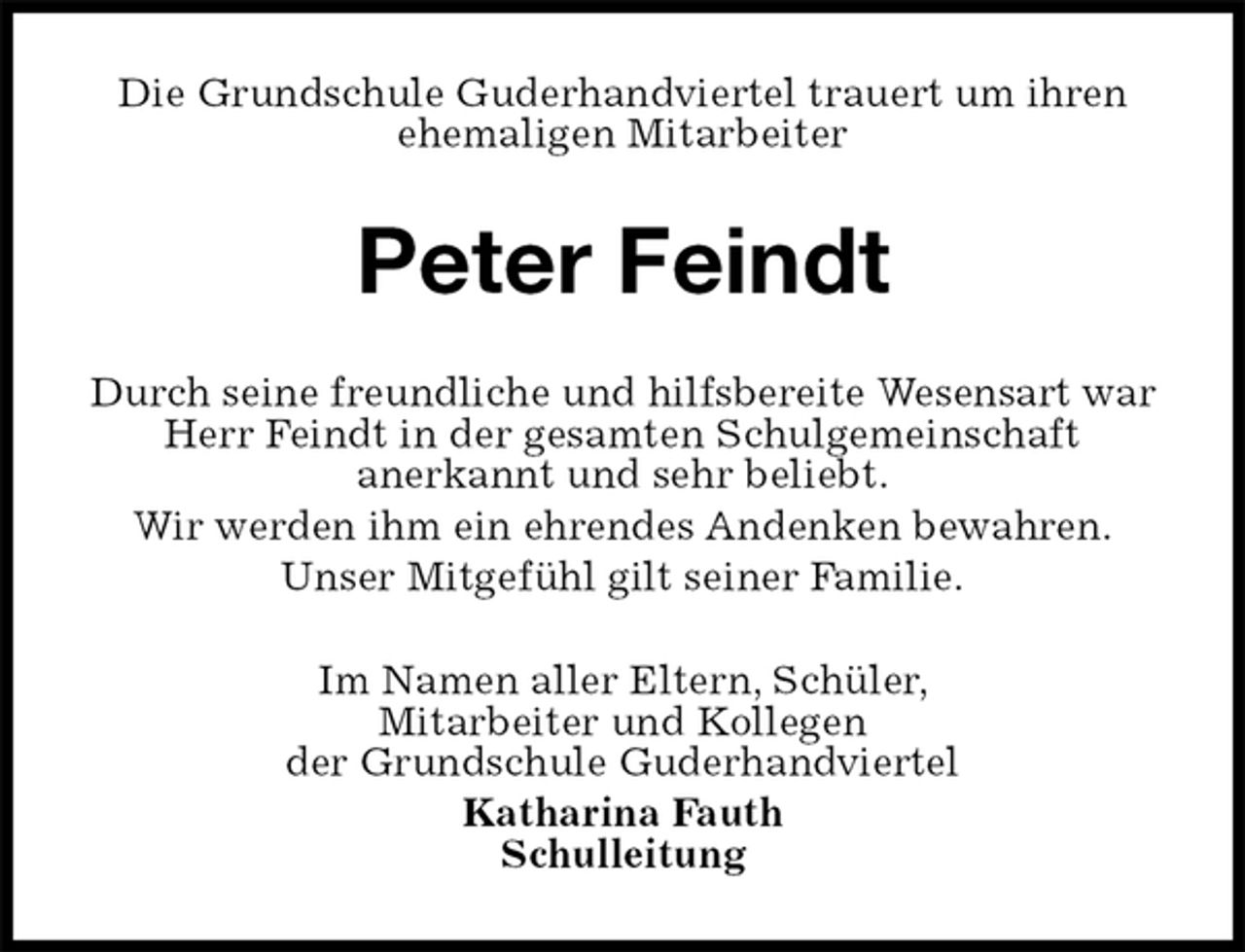 <p>Die Grundschule Guderhandviertel trauert um ihren ehemaligen Mitarbeiter<br />Peter Feindt<br />Durch seine freundliche und hilfsbereite Wesensart war Herr Feindt in der gesamten Schulgemeinschaft<br />anerkannt und sehr beliebt.<br />Wir werden ihm ein ehrendes Andenken bewahren.<br />Unser Mitgefühl gilt seiner Familie.<br />Im Namen aller Eltern, Schüler,<br />Mitarbeiter und Kollegen<br />der Grundschule Guderhandviertel<br />Katharina Fauth<br />Schulleitung</p>