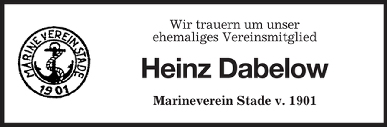 <p>Wir trauern um unser ehemaliges Vereinsmitglied</p><p>Heinz Dabelow<br />Marineverein Stade v. 1901</p>