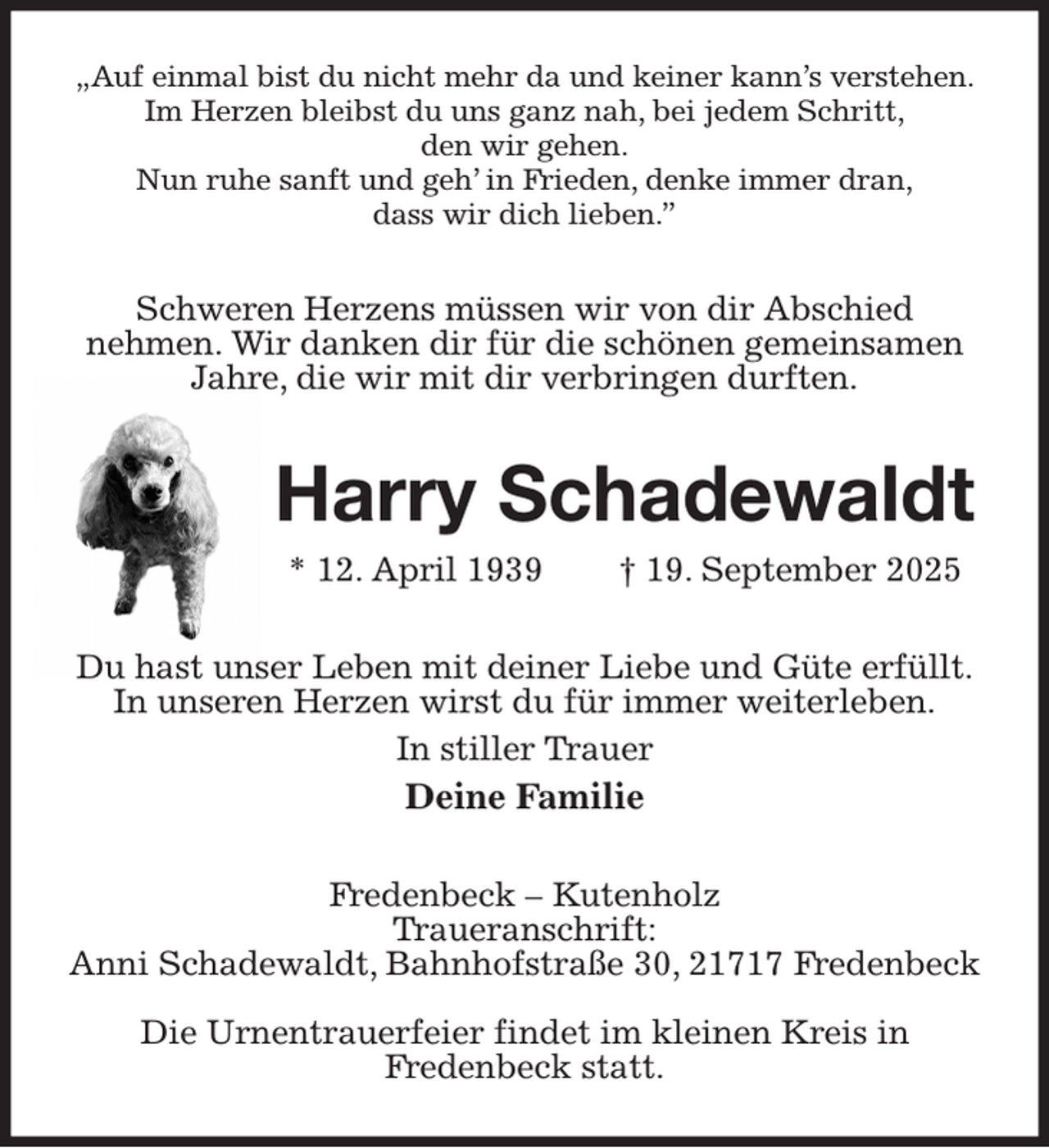 <p>„Auf einmal bist du nicht mehr da und keiner kann's verstehen.<br />Im Herzen bleibst du uns ganz nah, bei jedem Schritt,<br />den wir gehen.<br />Nun ruhe sanft und geh' in Frieden, denke immer dran,<br />dass wir dich lieben.”<br />Schweren Herzens müssen wir von dir Abschied<br />nehmen. Wir danken dir für die schönen gemeinsamen Jahre, die wir mit dir verbringen durften.<br />Harry Schadewaldt<br />* 12. April 1939 † 19. September 2025<br />Du hast unser Leben mit deiner Liebe und Güte erfüllt.<br />In unseren Herzen wirst du für immer weiterleben.<br />In stiller Trauer<br />Deine Familie<br />Fredenbeck - Kutenholz<br />Traueranschrift:<br />Anni Schadewaldt, Bahnhofstraße 30, 21717 Fredenbeck</p><p>Die Urnentrauerfeier findet im kleinen Kreis in<br />Fredenbeck statt.</p>