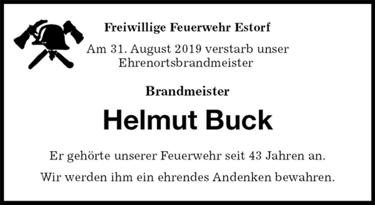 <p>Freiwillige Feuerwehr Estorf<br />Am 31. August 2019 verstarb unser<br />Ehrenortsbrandmeister<br />Brandmeister<br />Helmut Buck<br />Er gehörte unserer Feuerwehr seit 43 Jahren an.<br />Wir werden ihm ein ehrendes Andenken bewahren.</p>