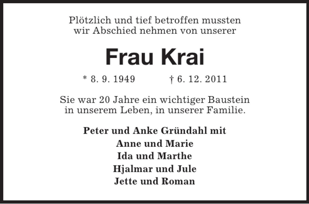 <p>Plötzlich und tief betroffen mussten<br />wir Abschied nehmen von unserer</p><p>Frau Krai<br />* 8. 9. 1949</p><p>† 6. 12. 2011</p><p>Sie war 20 Jahre ein wichtiger Baustein<br />in unserem Leben, in unserer Familie.<br />Peter und Anke Gründahl mit<br />Anne und Marie<br />Ida und Marthe<br />Hjalmar und Jule<br />Jette und Roman</p>