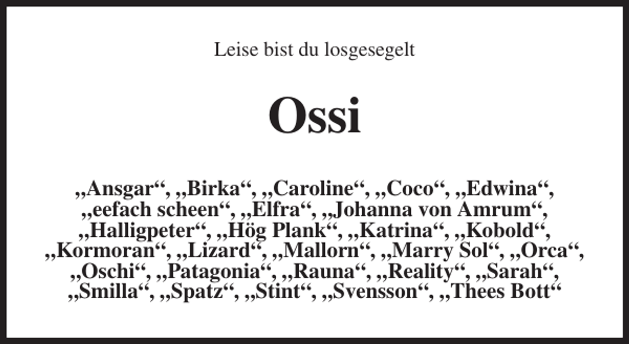<p>Leise bist du losgesegelt<br />Ossi<br />„Ansgar“, „Birka“, „Caroline“, „Coco“, „Edwina“,<br />„eefach scheen“, „Elfra“, „Johanna von Amrum“,<br />„Halligpeter“, „Hög Plank“, „Katrina“, „Kobold“,<br />„Kormoran“, „Lizard“, „Mallorn“, „Marry Sol“, „Orca“, „Oschi“, „Patagonia“, „Rauna“, „Reality“, „Sarah“, „Smilla“, „Spatz“, „Stint“, „Svensson“, „Thees Bott“</p>