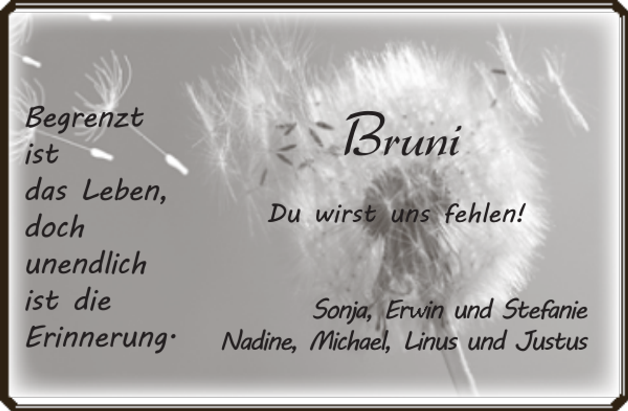 <p>Begrenzt<br />ist<br />das Leben,<br />doch<br />unendlich<br />ist die<br />Erinnerung.</p><p>Bruni<br />Du wirst uns fehlen!<br />Sonja, Erw<br />rwin und Stefanie<br />Nadine, Michael, Linus und Justus</p>
