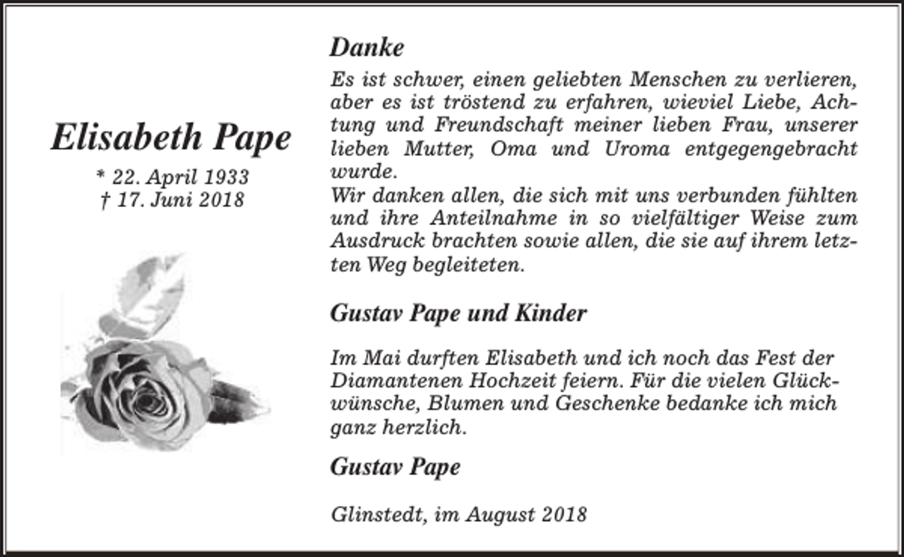 <p>Danke</p><p>Elisabeth Pape<br />* 22. April 1933<br />† 17. Juni 2018</p><p>Es ist schwer, einen geliebten Menschen zu verlieren,<br />aber es ist tröstend zu erfahren, wieviel Liebe, Achtung und Freundschaft meiner lieben Frau, unserer<br />lieben Mutter, Oma und Uroma entgegengebracht<br />wurde.<br />Wir danken allen, die sich mit uns verbunden fühlten<br />und ihre Anteilnahme in so vielfältiger Weise zum<br />Ausdruck brachten sowie allen, die sie auf ihrem letzten Weg begleiteten.</p><p>Gustav Pape und Kinder<br />Im Mai durften Elisabeth und ich noch das Fest der<br />Diamantenen Hochzeit feiern. Für die vielen Glückwünsche, Blumen und Geschenke bedanke ich mich<br />ganz herzlich.</p><p>Gustav Pape<br />Glinstedt, im August 2018</p>