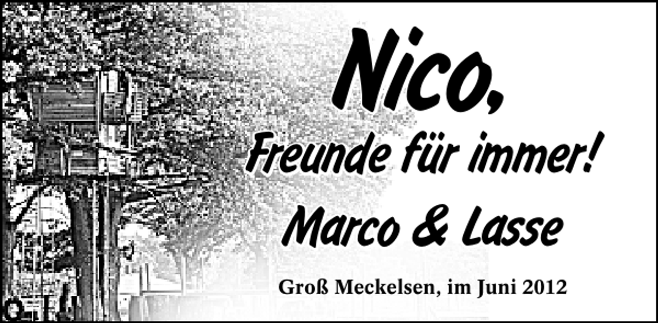 <p>Nico,</p><p>Freunde für immer!<br />Marco &amp; Lasse<br />Groß Meckelsen, im Juni 2012</p>