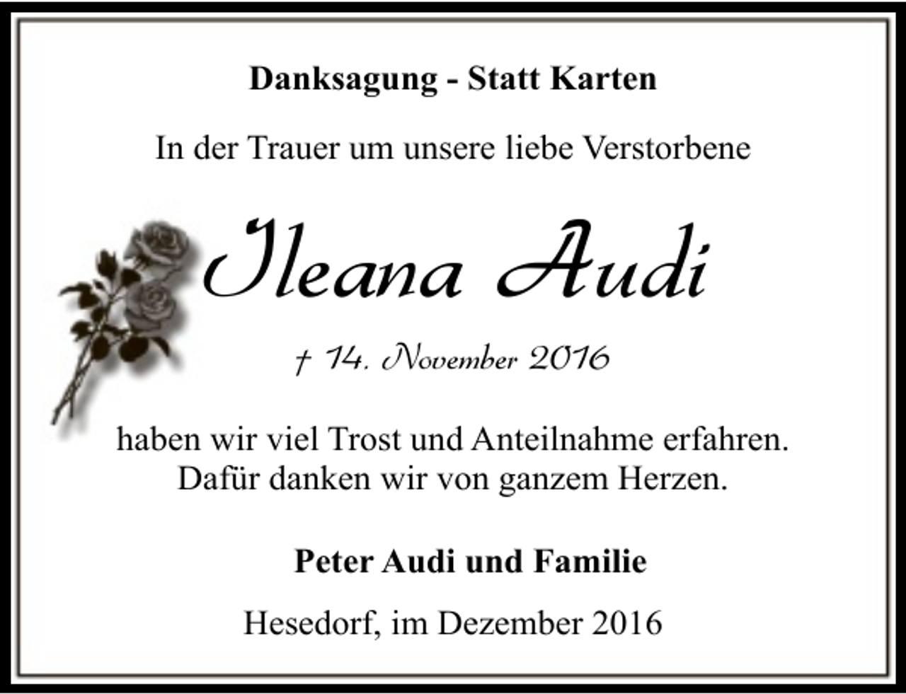<p>Danksagung - Statt Karten<br />In der Trauer um unsere liebe Verstorbene</p><p>Ileana Audi<br />† 14. November 2016</p><p>haben wir viel Trost und Anteilnahme erfahren.<br />Dafür danken wir von ganzem Herzen.<br />Peter Audi und Familie<br />Hesedorf, im Dezember 2016</p>